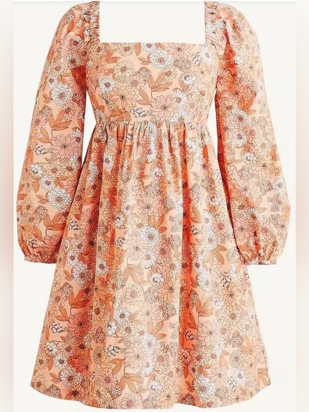 J. Crew Square Neck Cotton Poplin Long-Sleeve Dress in Zinnia Floral Peachy Pink